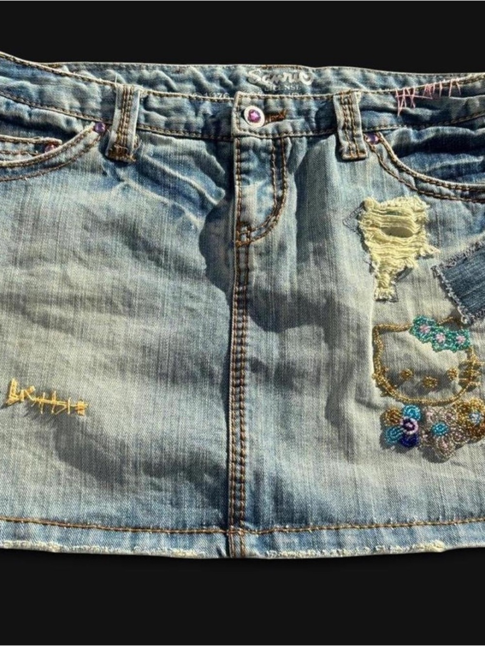 Sanrio Light Blue Denim Mini Skirt with Embroidered Hello Kitty Accent